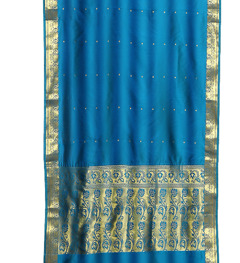 Blue sari rod pocket curtains hung at a window