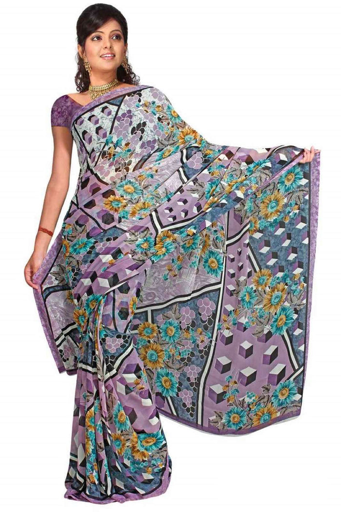 Georgette sari shown draped on a model