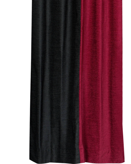 Burgundy velvet ring top curtains hung at a window