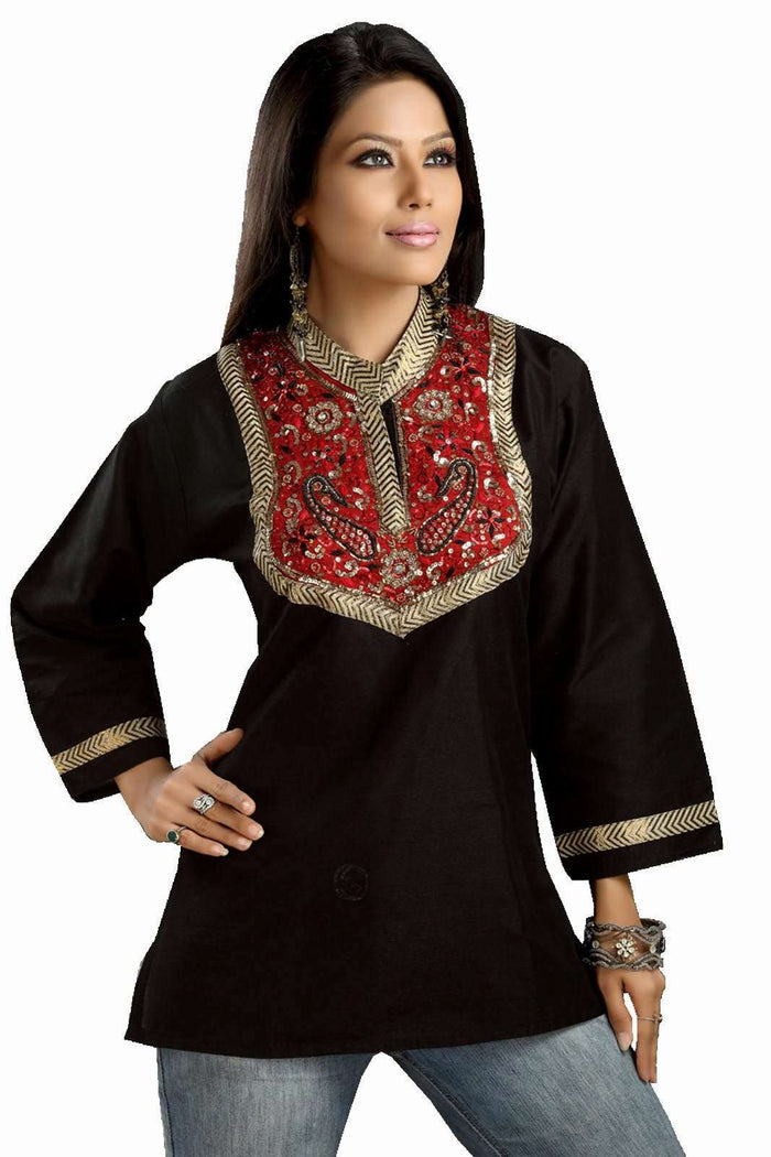 Black art silk kurti tunic shown draped on a model
