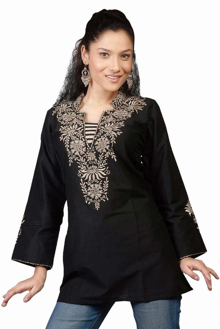 Black sari kurti tunic shown draped on a model
