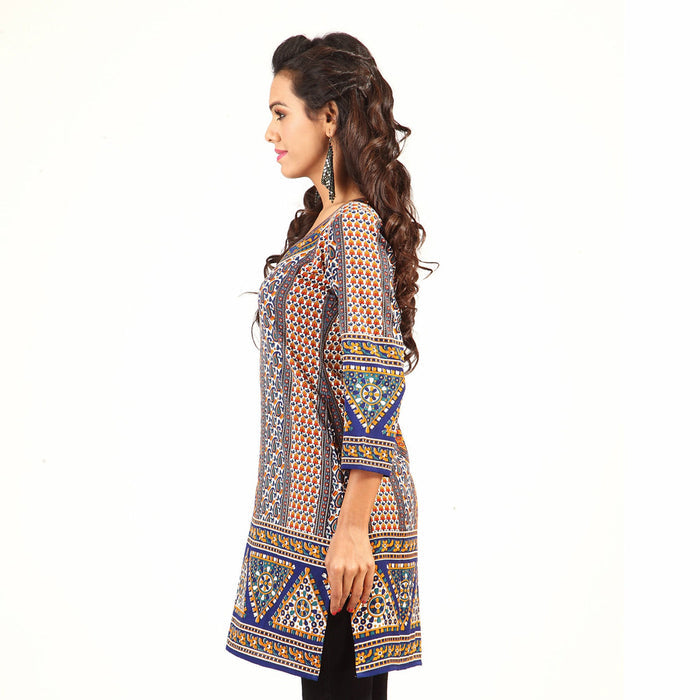 Blue sari kurti tunic shown draped on a model