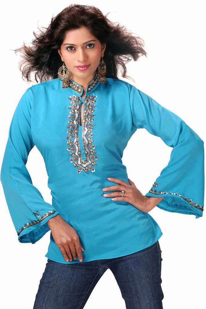 Blue sari kurti tunic shown draped on a model