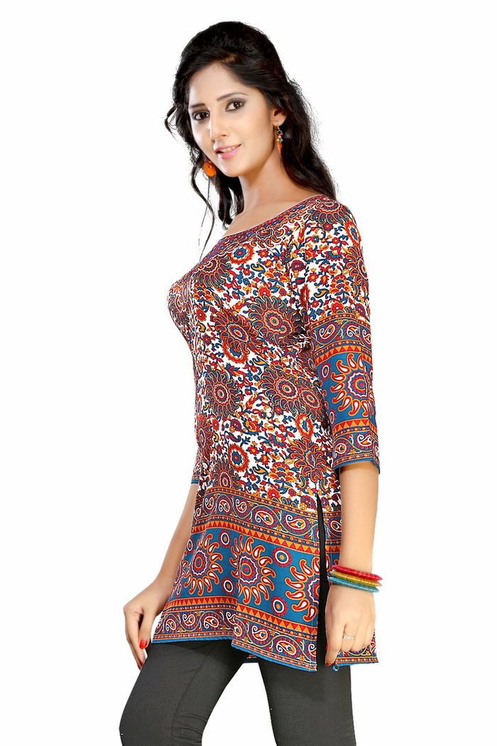 Blue sari kurti tunic shown draped on a model