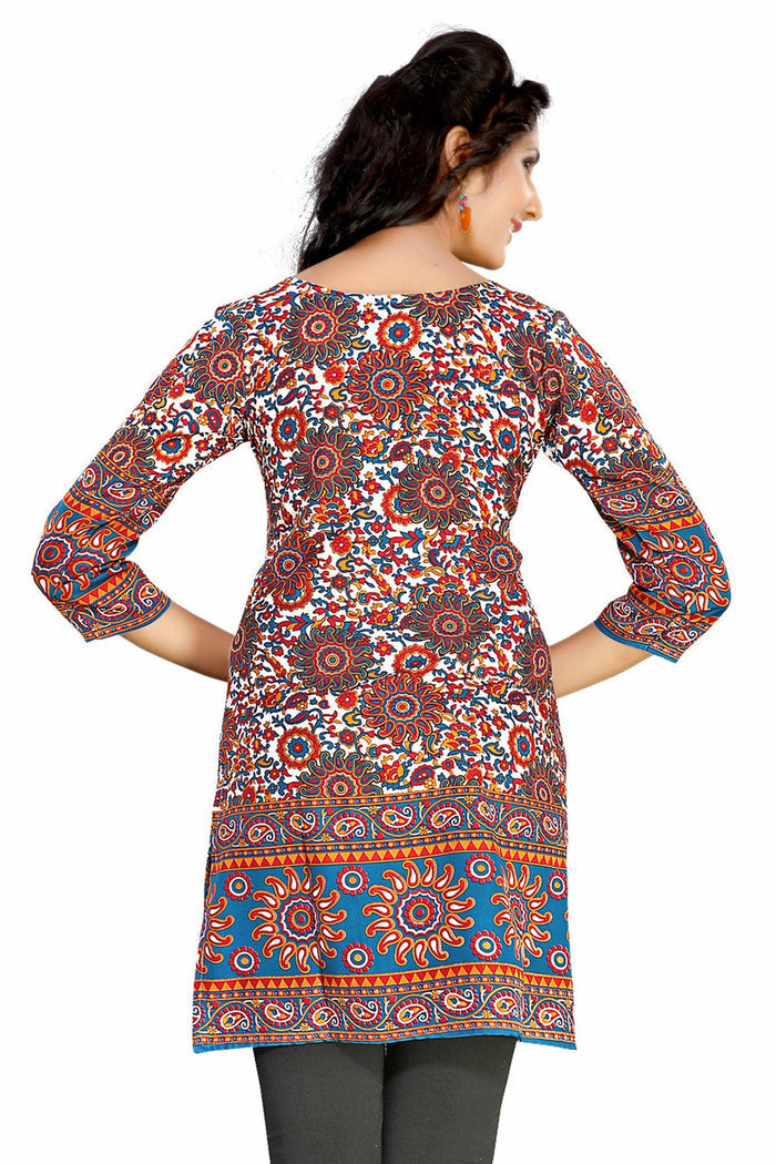 Blue sari kurti tunic shown draped on a model