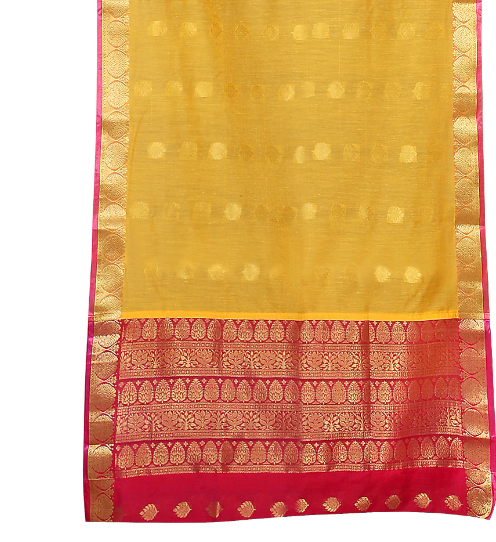 Yellow sari rod pocket curtains hung at a window