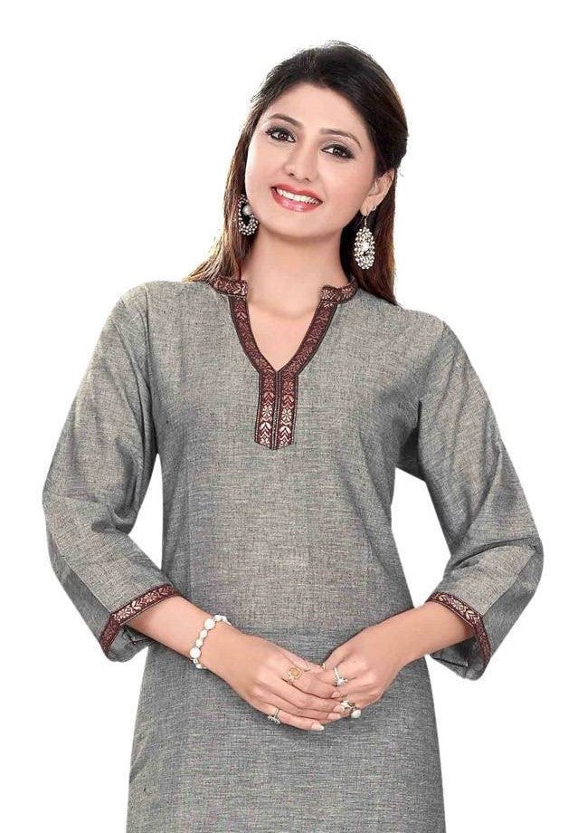 Gray sari kurti tunic shown draped on a model