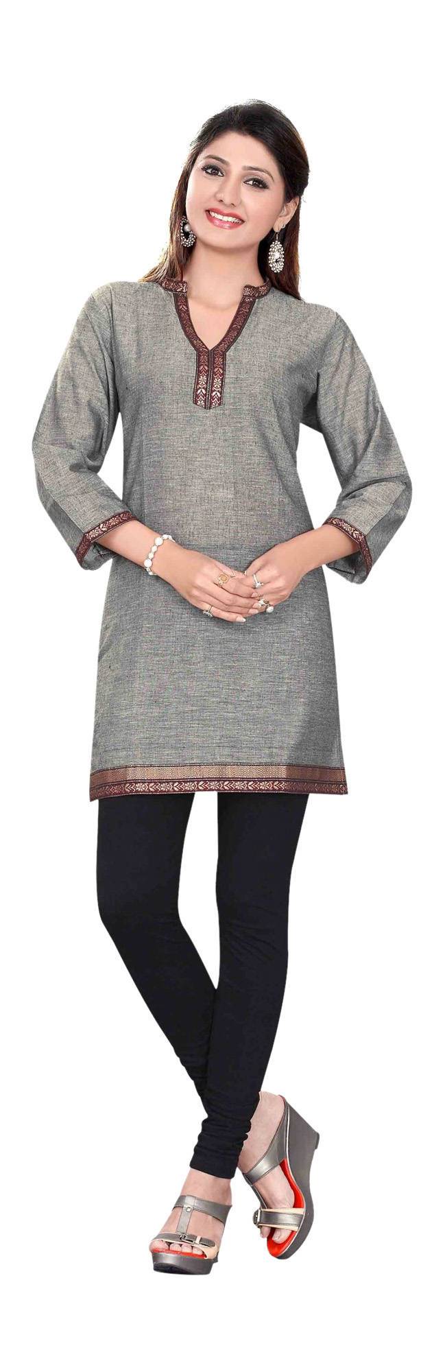 Gray sari kurti tunic shown draped on a model