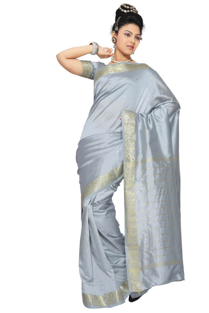 Gray art silk sari shown draped on a model