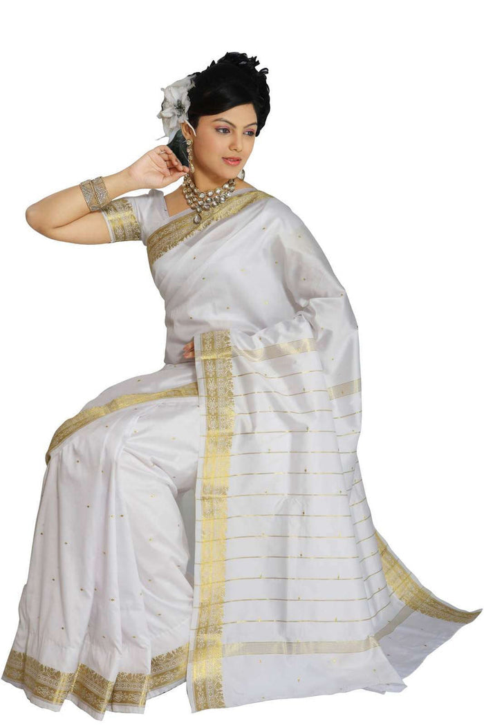 White art silk sari shown draped on a model