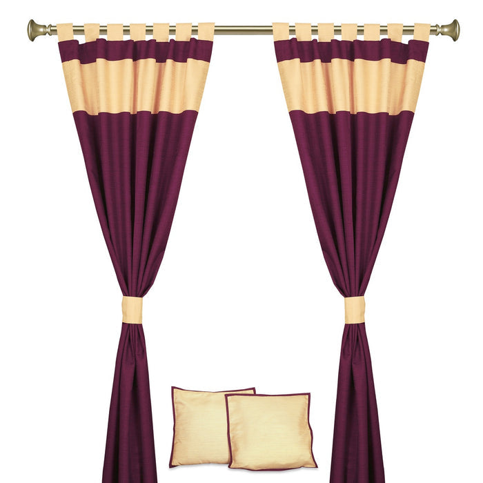 Maroon raw silk curtain and cushion cover set shown together