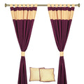 Maroon raw silk curtain and cushion cover set shown together
