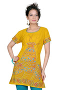 Mustard poly crepe kurti tunic shown draped on a model