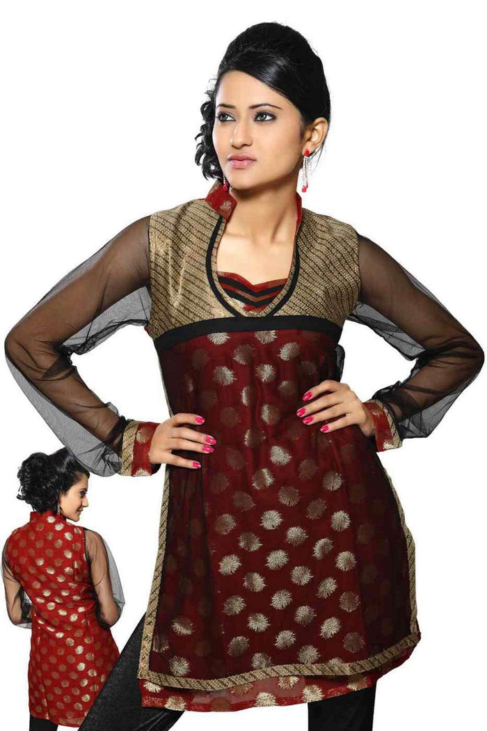 Rust sari kurti tunic shown draped on a model